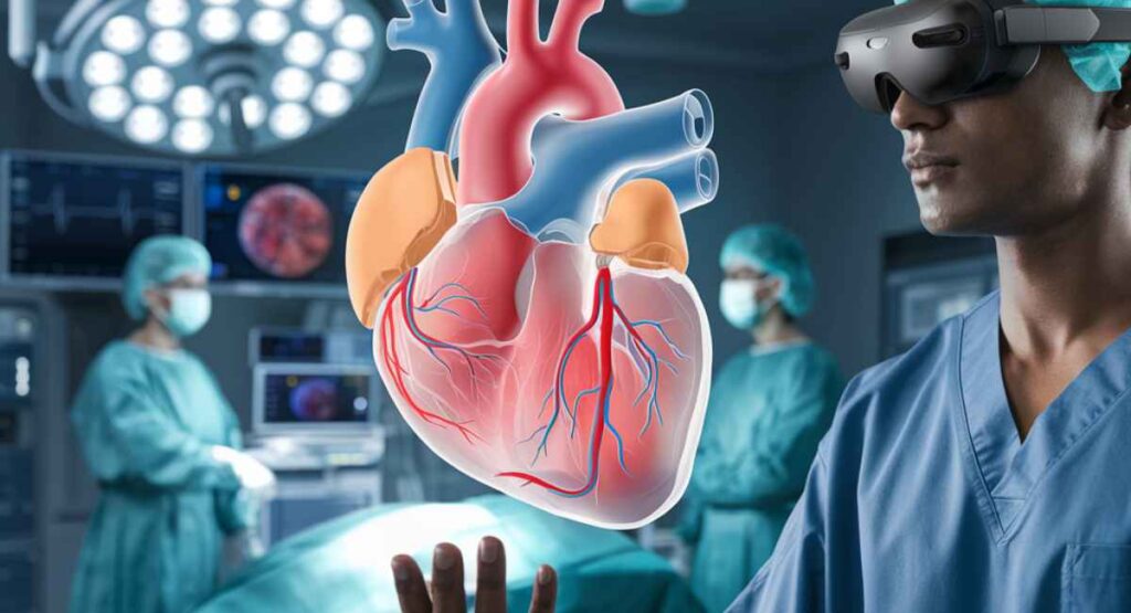 Doctor wearing AR glasses interacting with a 3D anatomical modelof heart in a high-tech operating room.