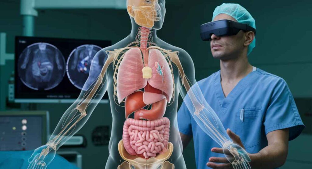 Doctor wearing AR glasses interacting with a 3D anatomical model in a high-tech operating room.