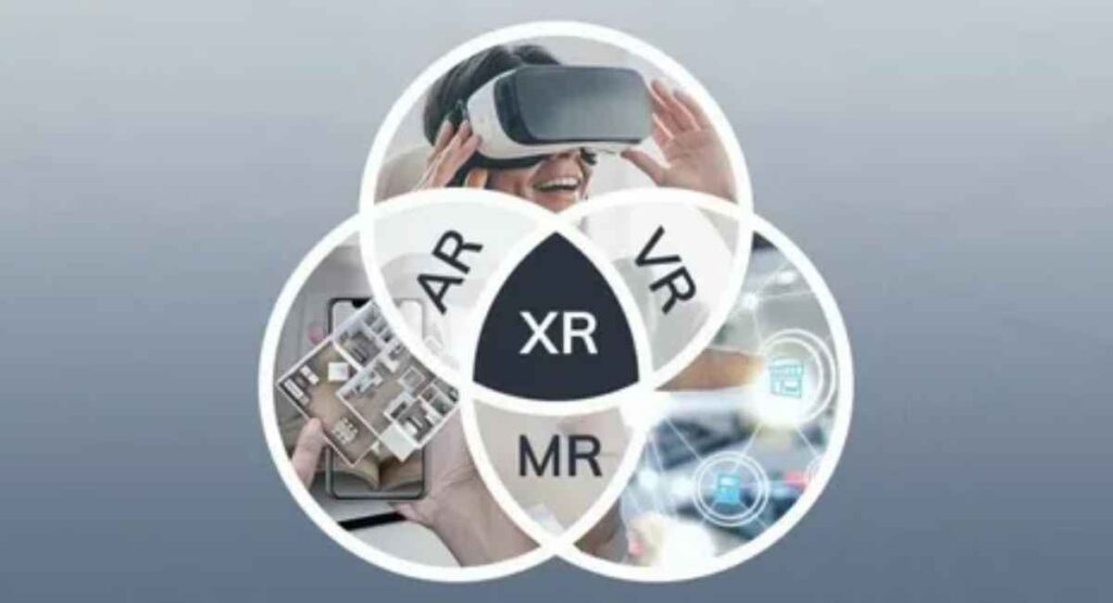 Visual representation of AR vs. MR technology icons, including glasses, smartphones, and holographic projections.