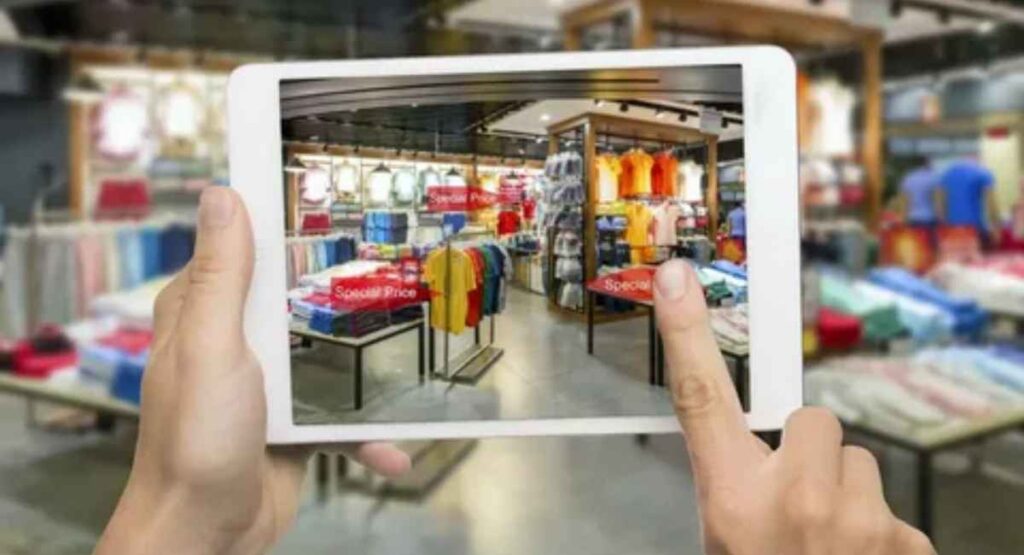 Futuristic retail store with holographic AR displays guiding shoppers.