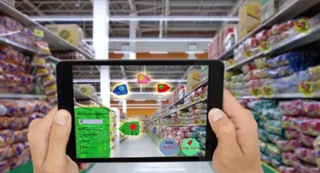 Augmented reality providing personalized product suggestions in a grocery store.