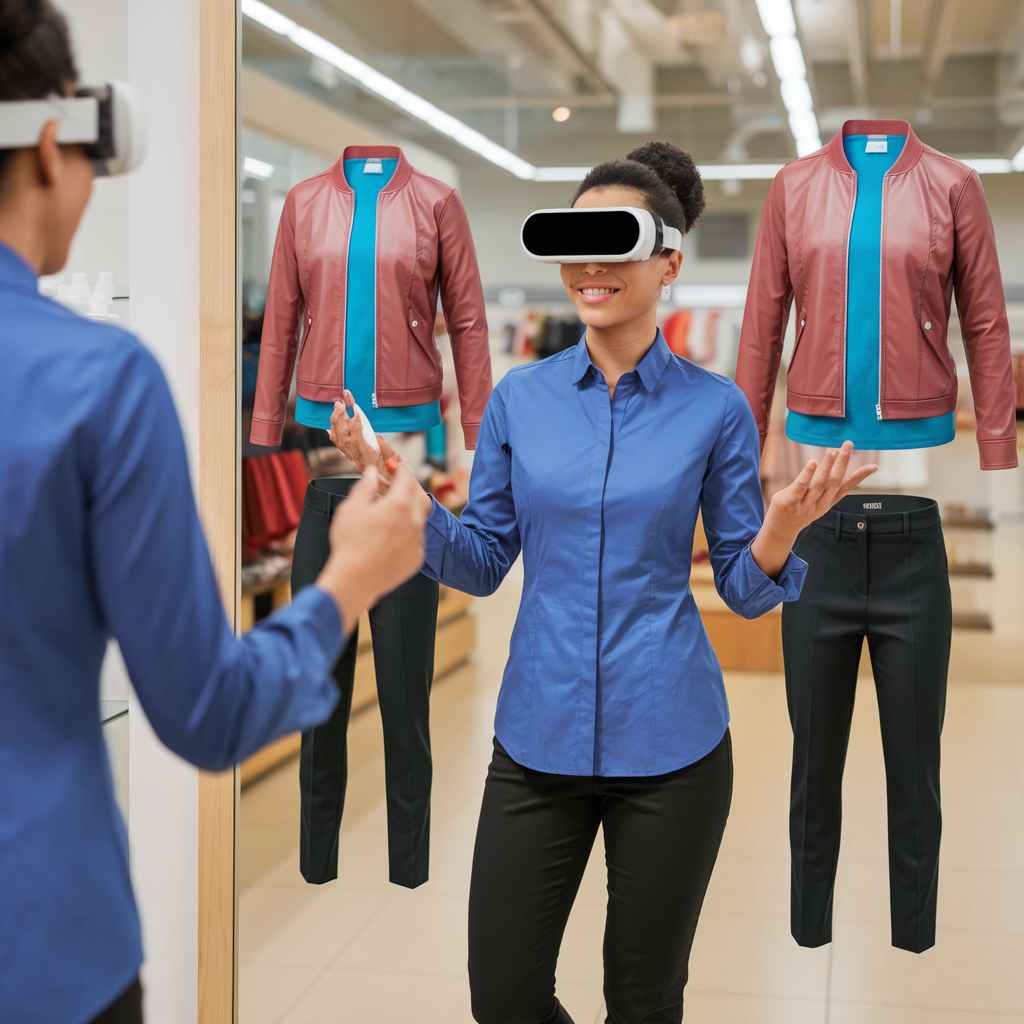 Shopper using augmented reality to try on virtual clothing in a retail store.