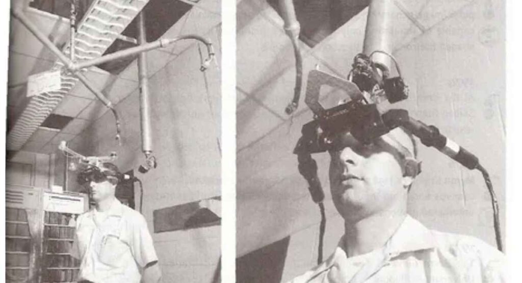 Ivan Sutherland\u2019s Sword of Damocles, the first AR headset developed in 1968.