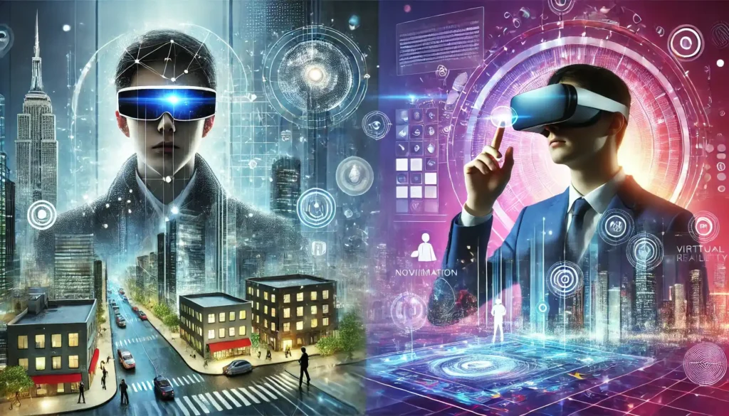 Conceptual image of future augmented reality glasses and virtual reality headsets.