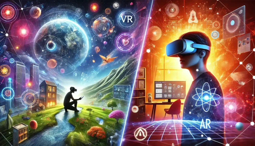 Illustration of immersive AR and VR experiences in real-world and virtual settings.