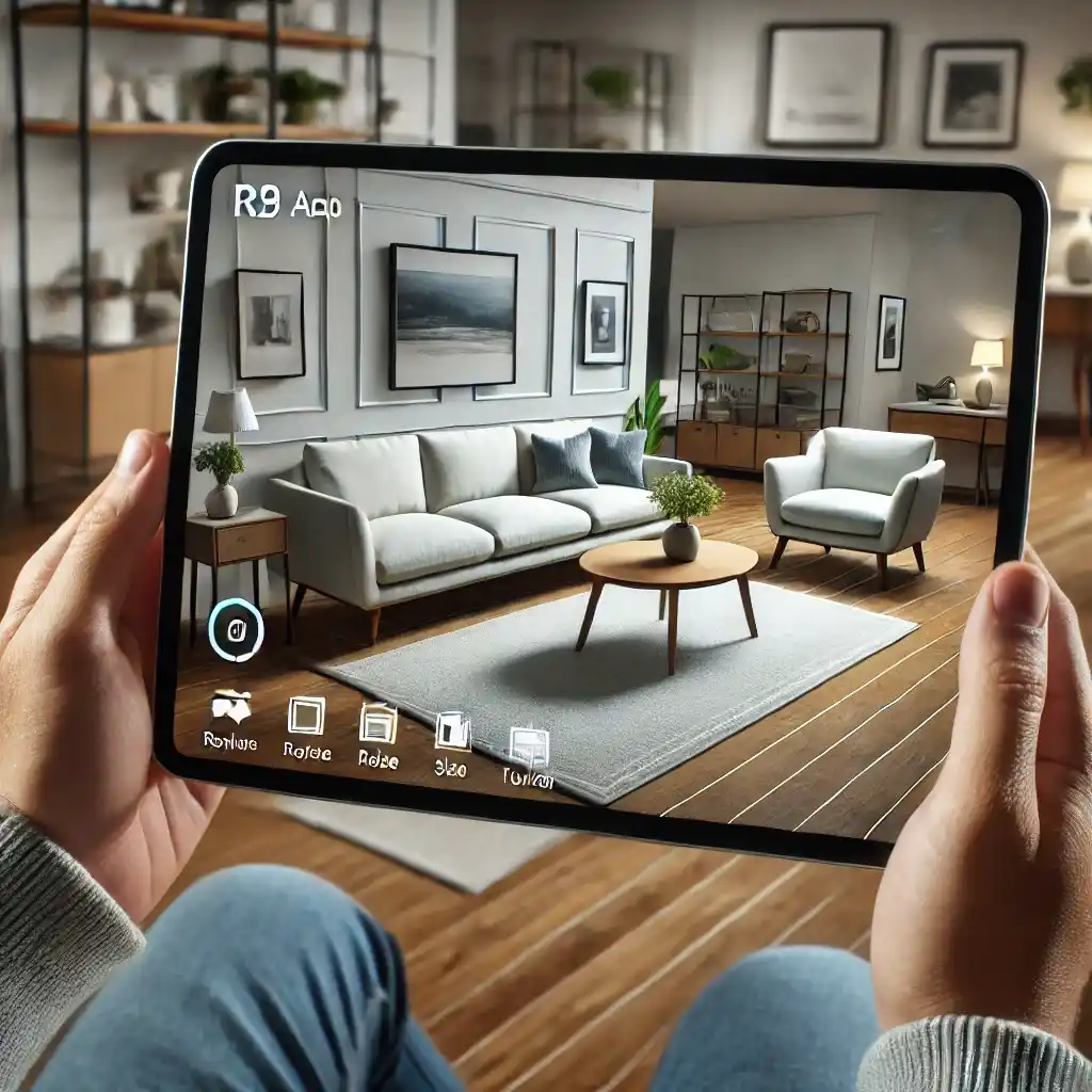 Augmented Reality app showing furniture placement in a living room.