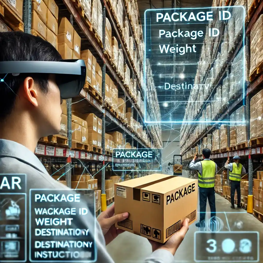 AR technology displaying package information in a logistics warehouse