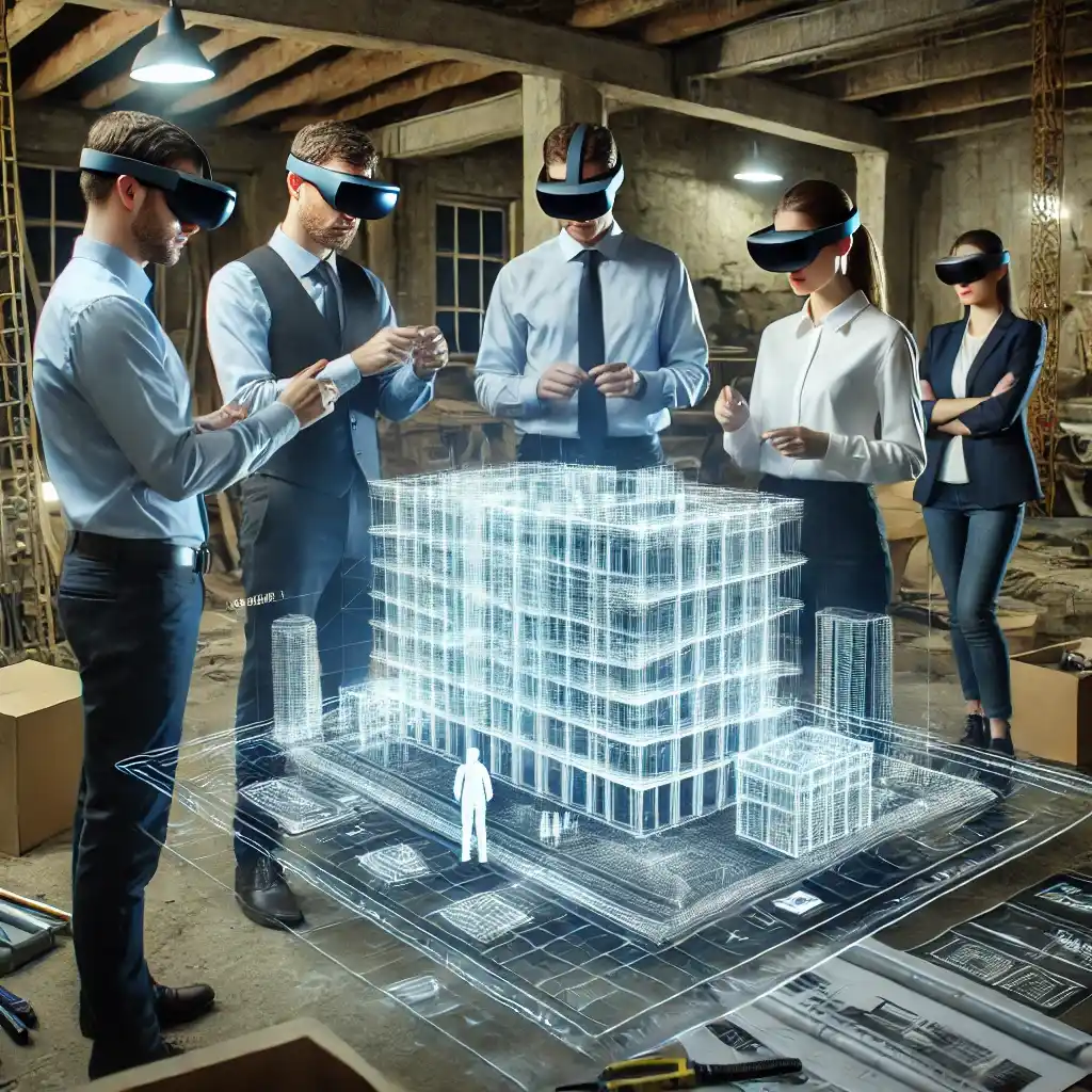 Architects using AR glasses to collaborate on a 3D building model in real-time