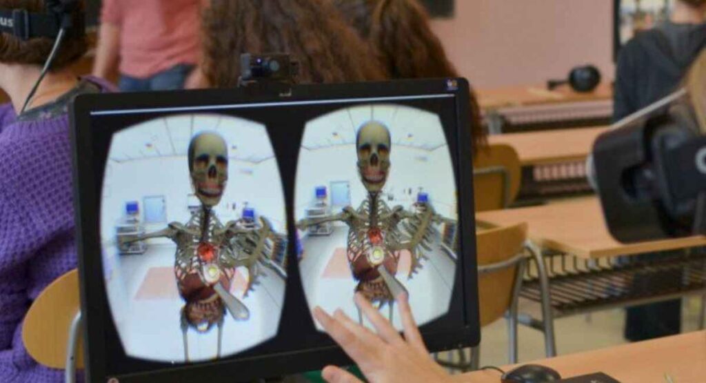 Futuristic classroom with augmented reality holographic displays and students using AR wearables for immersive learning