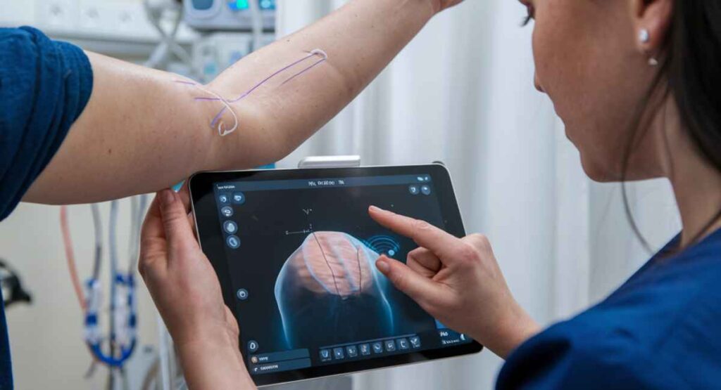 Nurse using augmented reality technology to locate veins for IV insertion.