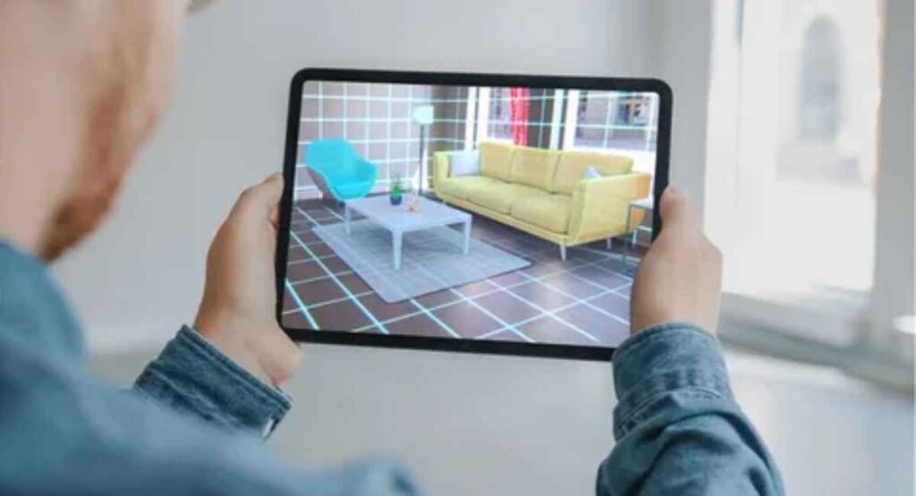 User using Augmented Reality on a smartphone to visualize virtual furniture in a real-world setting