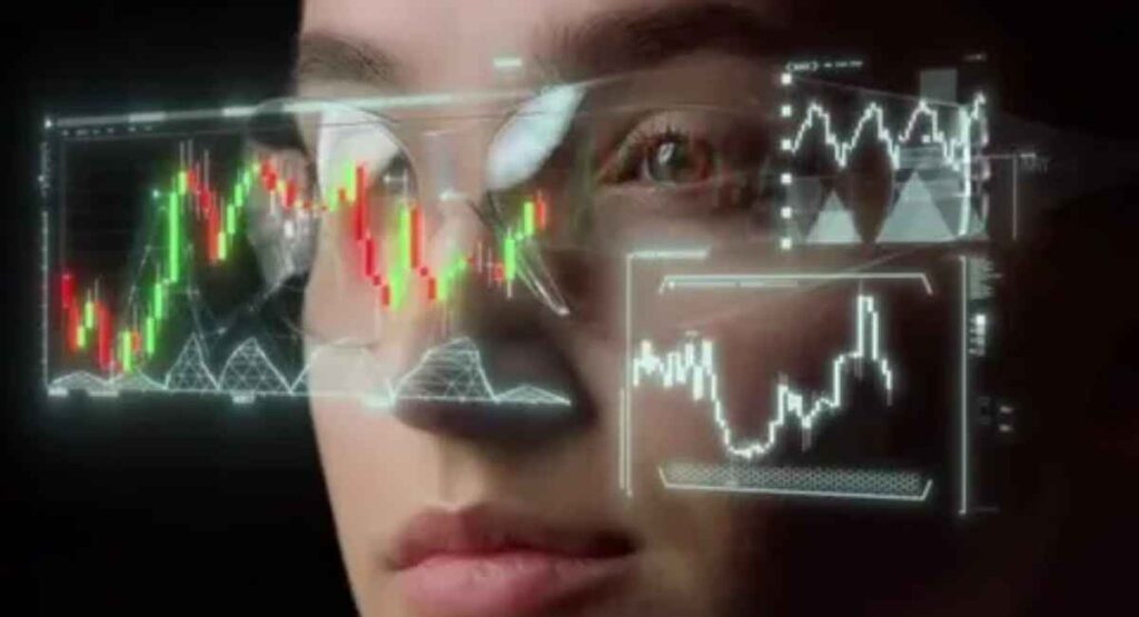 Conceptual illustration of AR glasses displaying a holographic healthcare dashboard for real-time insights.