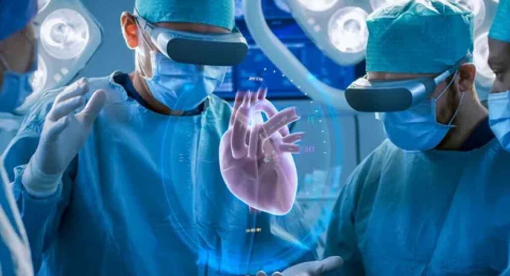 Doctor using augmented reality technology for a 3D visualization of a patient's organ in surgery