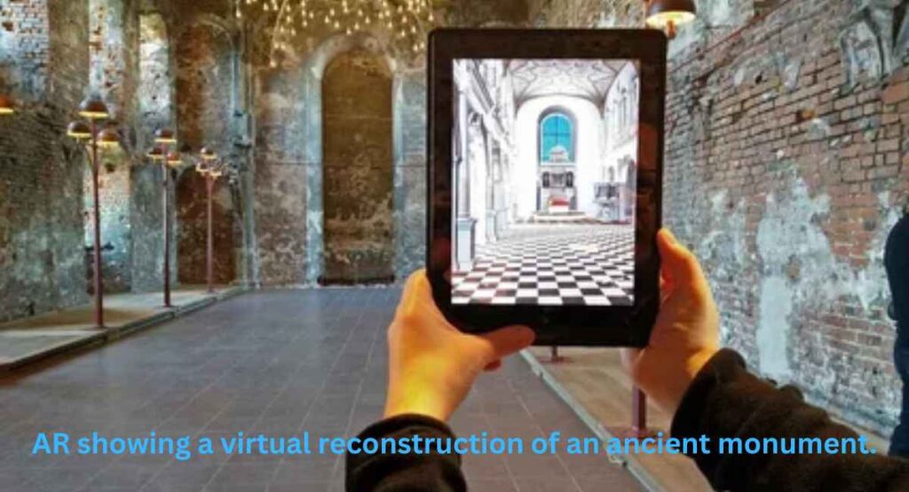 Augmented reality app displaying a virtual reconstruction of an ancient monument for a history lesson.